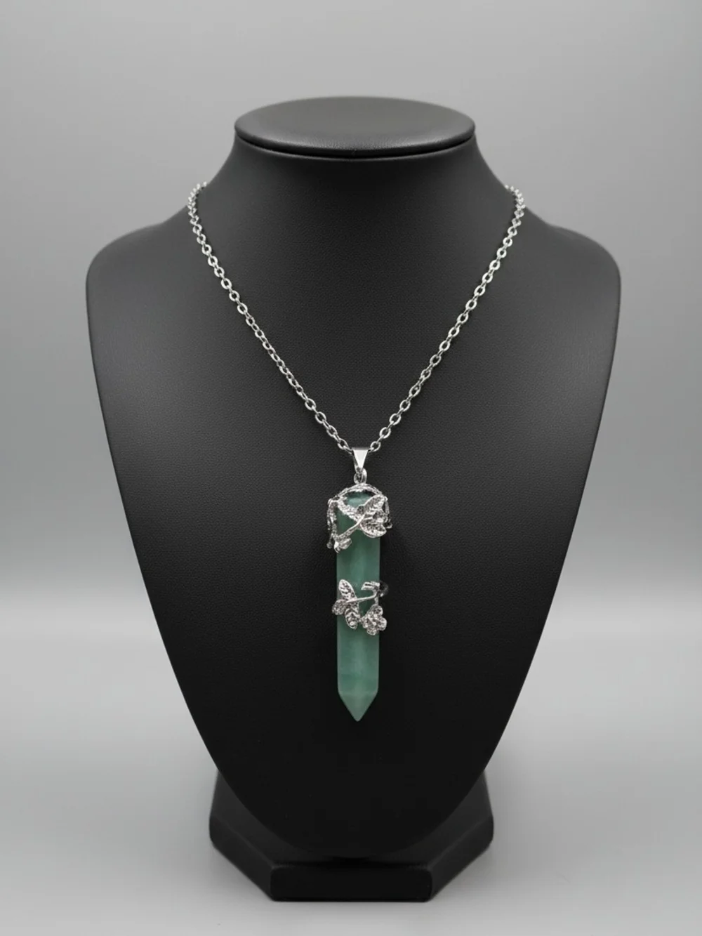 Silver Floral Wrap Green Crystal Pendant Necklace by